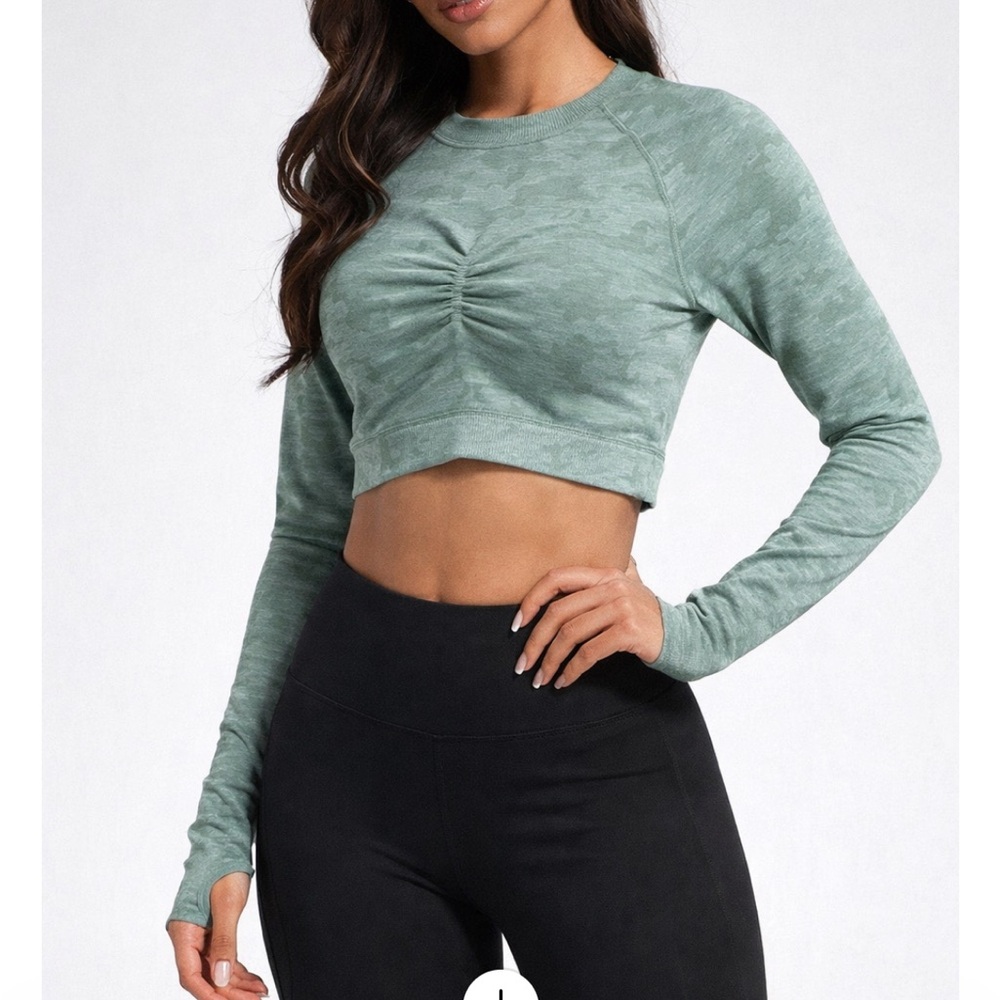 Gymshark Sage Green Cropped Long Sleeve Top - Size XS